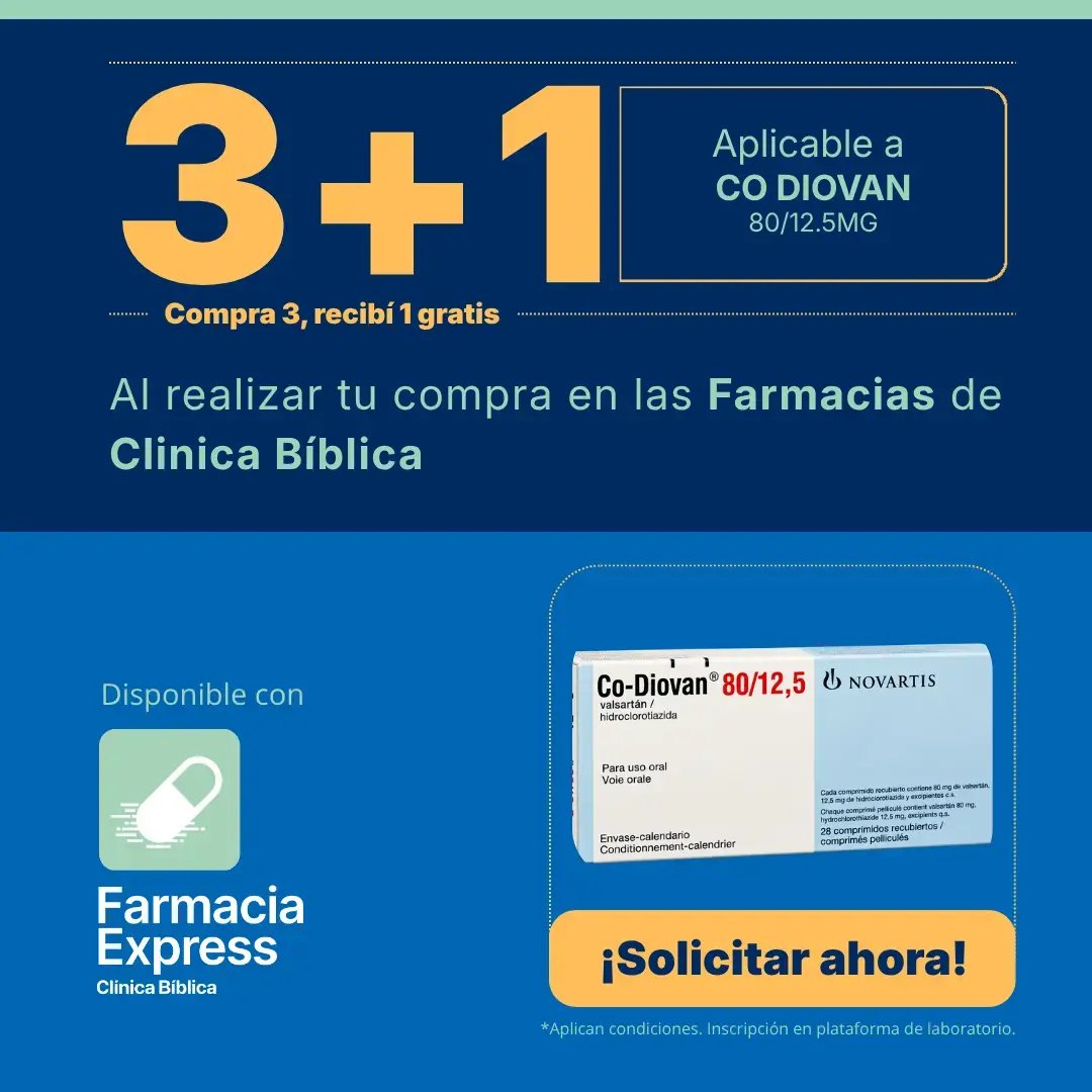 Imagen promocional con oferta 3+1 en Co Diovan de 80/12.5 mg (valsartán e hidroclorotiazida) en Farmacias de Clínica Bíblica y Farmacia Express, mostrando la caja de 28 comprimidos recubiertos del medicamento.