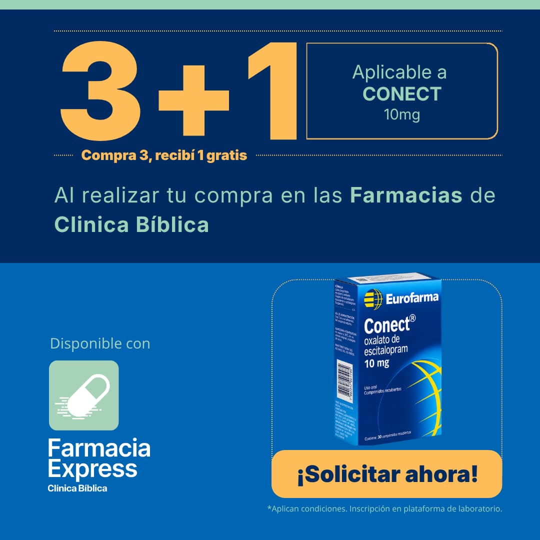 Imagen promocional con oferta 3+1 en Conect 10 mg (oxalato de escitalopram) en Farmacias de Clínica Bíblica y Farmacia Express, mostrando la caja del medicamento de laboratorio Eurofarma.