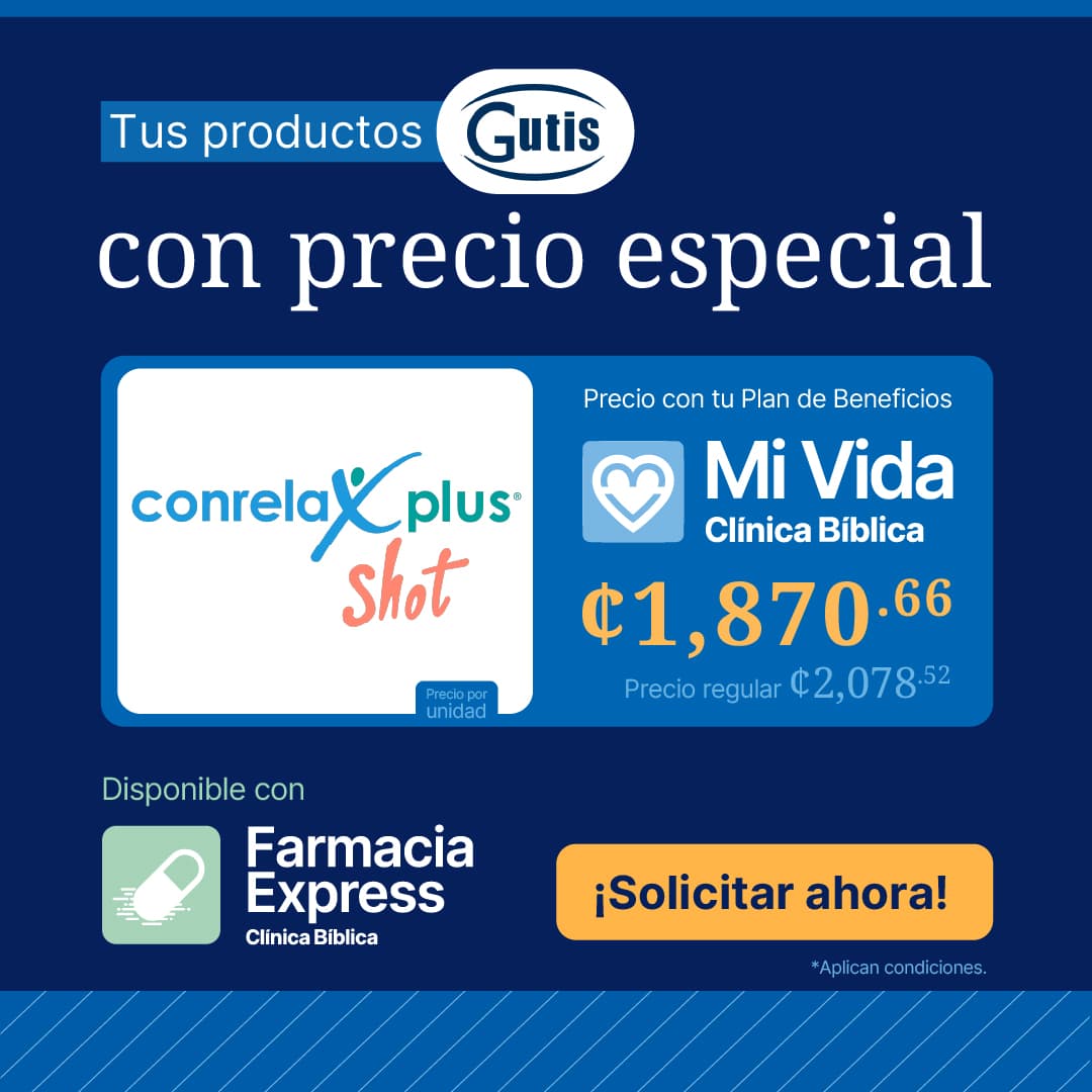 Anuncio de Gutis con precio especial para Conrelax Plus Shot con el Plan de Beneficios Mi Vida de Clínica Bíblica. Muestra el precio rebajado por unidad, indicando disponibilidad en Farmacia Express junto a un botón naranja que dice solicitar ahora.