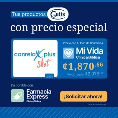 Anuncio de Gutis con precio especial para Conrelax Plus Shot con el Plan de Beneficios Mi Vida de Clínica Bíblica. Muestra el precio rebajado por unidad, indicando disponibilidad en Farmacia Express junto a un botón naranja que dice solicitar ahora.