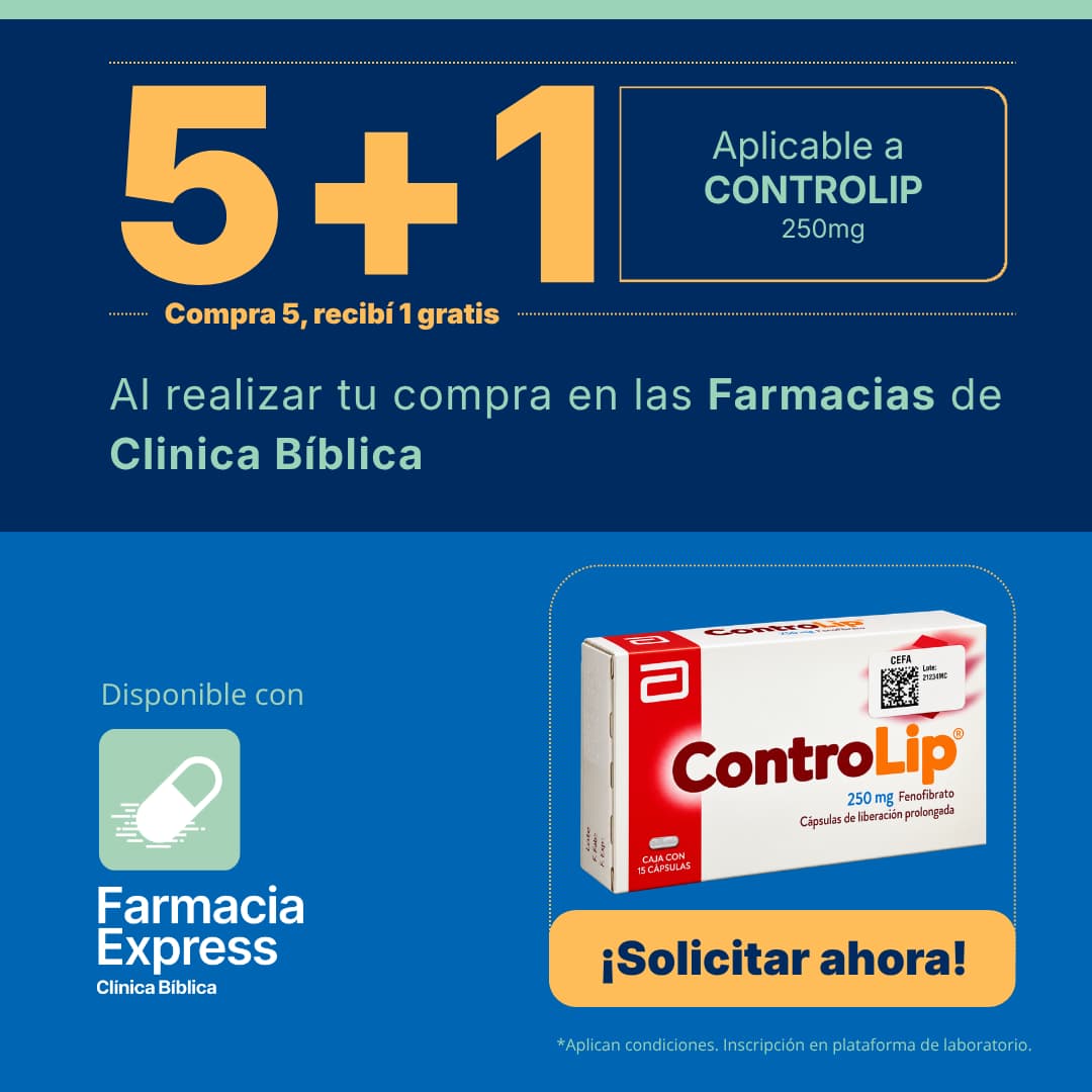 Promoción 5+1 en Controlip 250mg Fenofibrato en Farmacias de Clínica Bíblica. Muestra la caja del medicamento y opción para solicitar en línea a través de Farmacia Express.