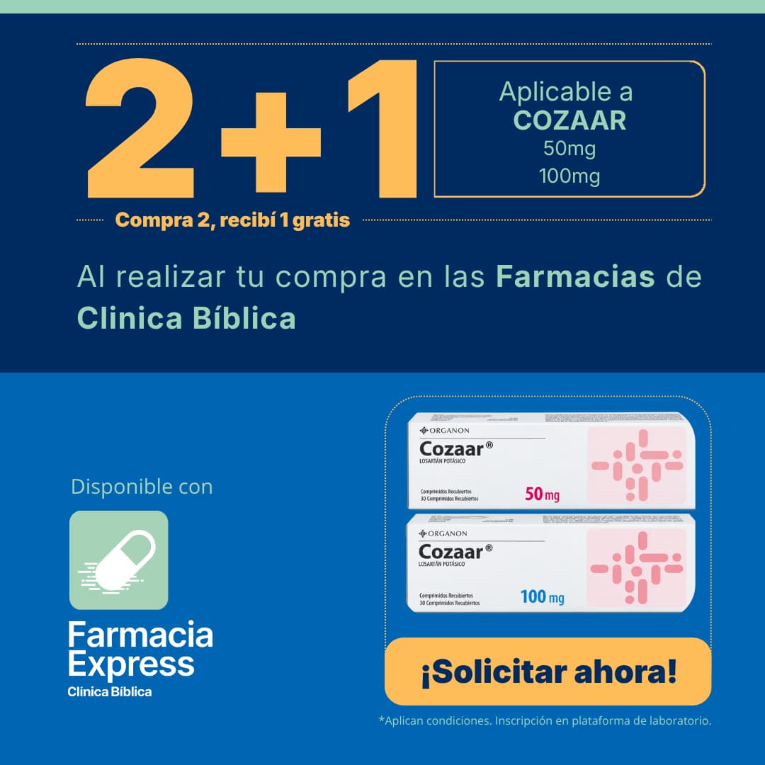 Imagen promocional con oferta 2+1 en Cozaar de 50 mg y 100 mg (losartán potásico) en Farmacias de Clínica Bíblica y Farmacia Express, mostrando las cajas de 30 comprimidos recubiertos del medicamento.