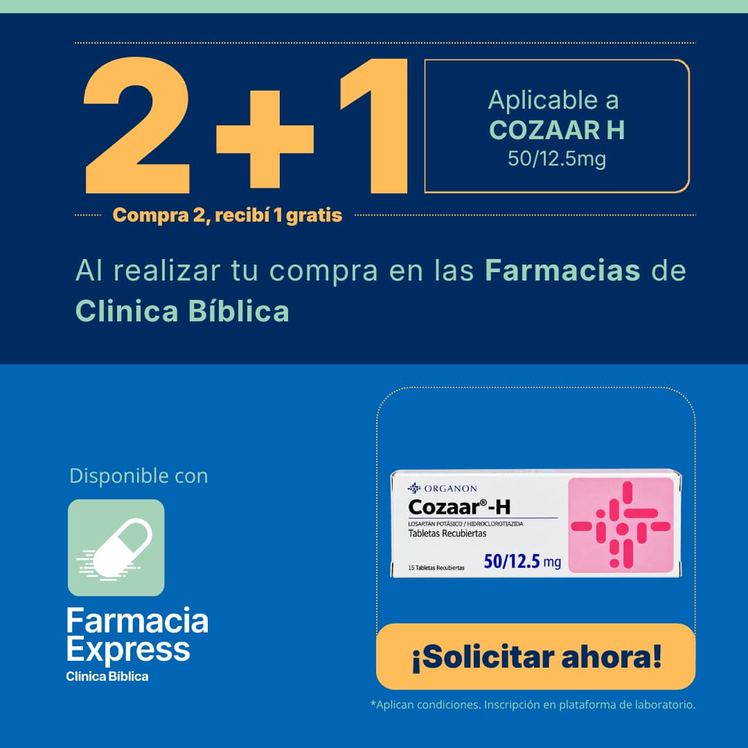 Imagen promocional con oferta 2+1 en Cozaar H de 50/12.5 mg (losartán potásico e hidroclorotiazida) en Farmacias de Clínica Bíblica y Farmacia Express, mostrando la caja del medicamento.