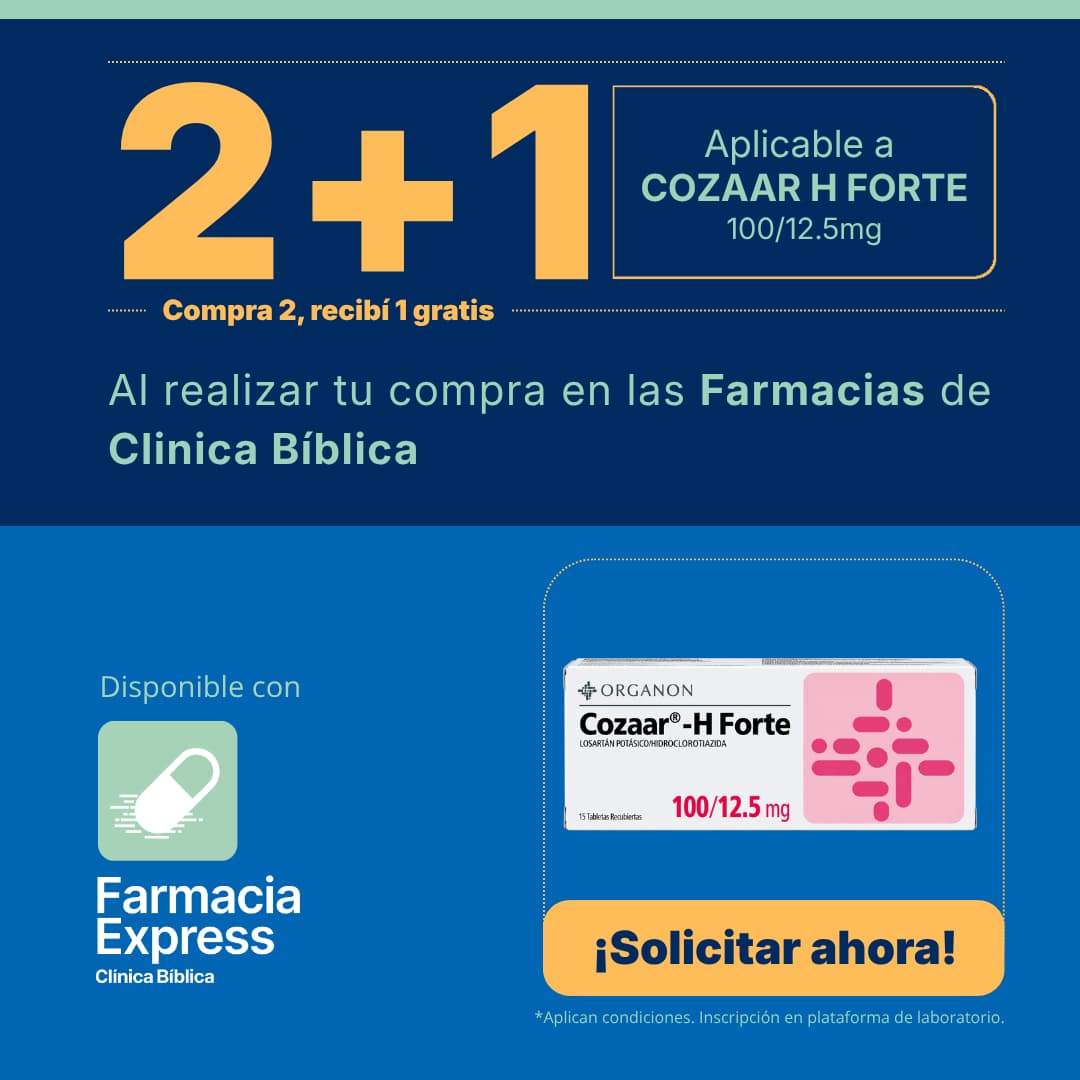 Imagen promocional con oferta 2+1 en Cozaar H Forte de 100/12.5 mg (losartán potásico e hidroclorotiazida) en Farmacias de Clínica Bíblica y Farmacia Express, mostrando la caja de 15 tabletas recubiertas del medicamento.