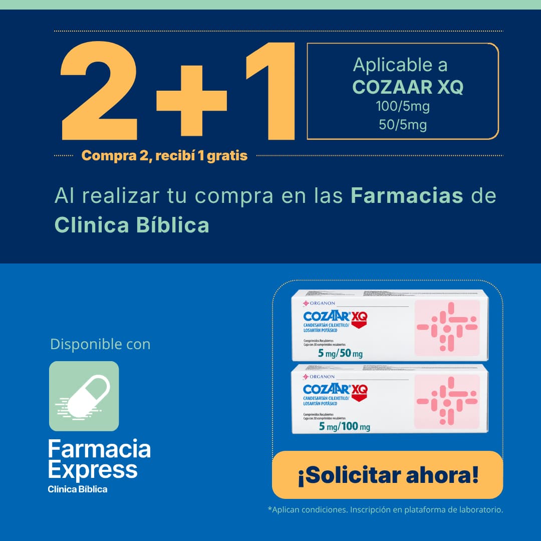 Imagen promocional con oferta 2+1 en Cozaar XQ de 100/5 mg y 50/5 mg (amlodipino/losartán) en Farmacias de Clínica Bíblica y Farmacia Express, mostrando las cajas del medicamento.