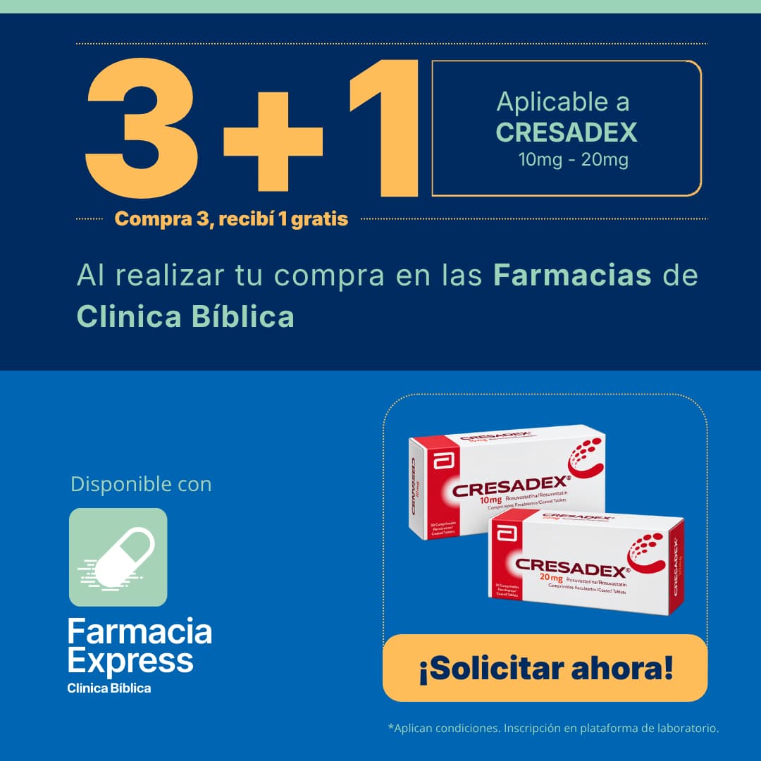 Promoción 3+1 en Cresadex de 10mg y 20mg en Farmacias de Clínica Bíblica. Muestra las cajas del medicamento Rosuvastatina y opción para solicitar en línea a través de Farmacia Express.