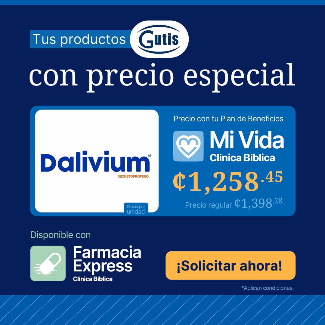 Anuncio de Gutis con precio especial para Dalivium Dexketoprofeno con el Plan de Beneficios Mi Vida de Clínica Bíblica. Muestra el precio rebajado por unidad, indicando disponibilidad en Farmacia Express junto a un botón naranja que dice solicitar ahora.