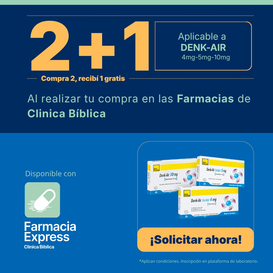 Promoción con oferta 2+1 en Denk-Air de 4 mg, 5 mg y 10 mg en Farmacias de Clínica Bíblica y Farmacia Express, mostrando empaques de Denk-Air y Denk-Air Junior de laboratorio Denk Pharma.
