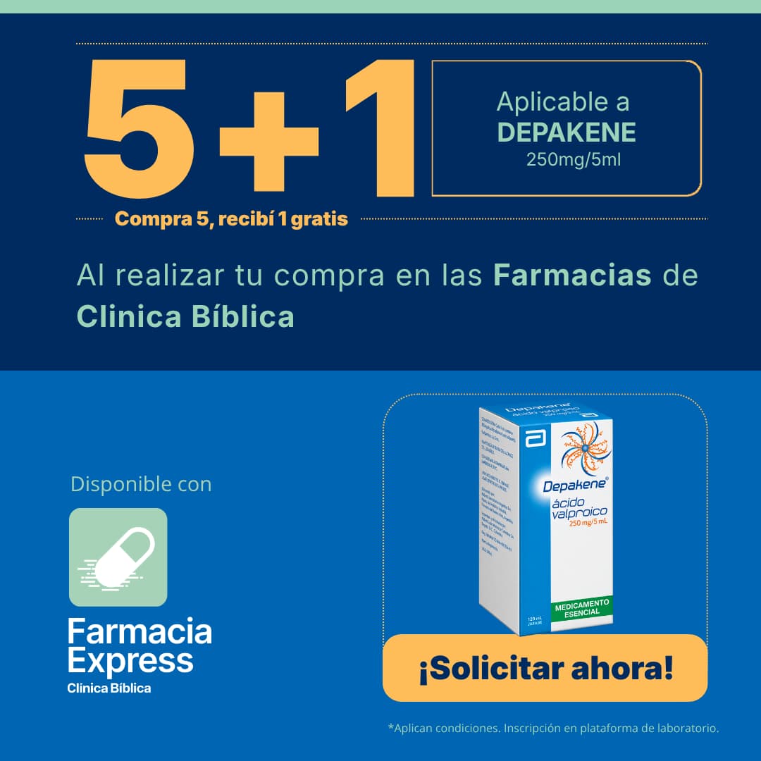 Promoción 5+1 en Depakene 250mg/5ml Ácido Valproico en Farmacias de Clínica Bíblica. Muestra el empaque del jarabe de 120ml y opción para solicitar en línea a través de Farmacia Express.