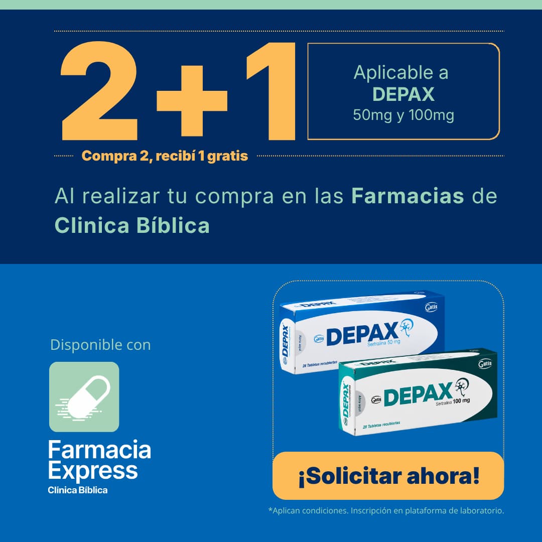 Anuncio promocional de Farmacia Express de Clínica Bíblica con oferta de 2+1 en medicamento Depax de 50mg y 100mg, junto a las cajas del producto y un botón de Solicitar ahora.