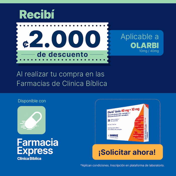 Imagen promocional de Farmacias de Clínica Bíblica y Farmacia Express que destaca un cupón de 2.000 colones de descuento aplicable al medicamento Olarbi de 10mg o 40mg, una imagen de la caja del medicamento Olarbi Amlo de Sandoz y un botón llamativo que dice "¡Solicitar ahora!".