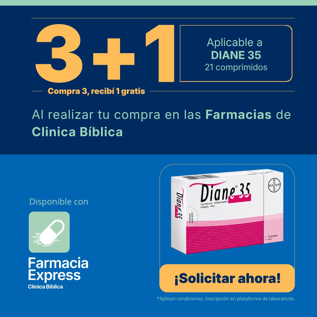 Imagen promocional con oferta 3+1 en Diane 35 de 21 comprimidos en Farmacias de Clínica Bíblica y Farmacia Express, mostrando la caja del medicamento de laboratorio Bayer.