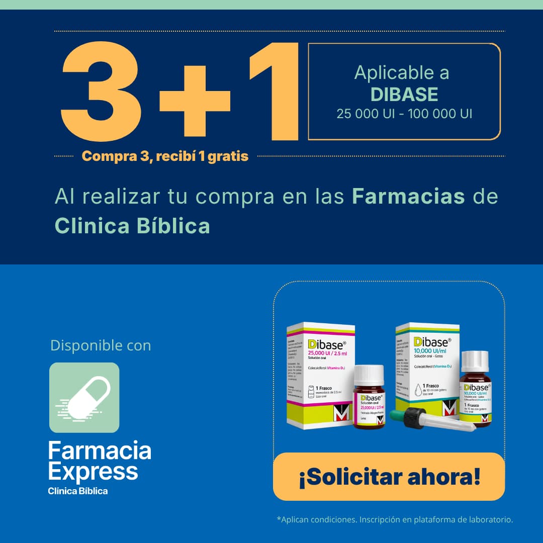 Promoción Dibase vitamina D3: compra 3 y recibe 1 gratis, aplicable a presentaciones de 25 000 UI a 100 000 UI en Farmacias de Clínica Bíblica