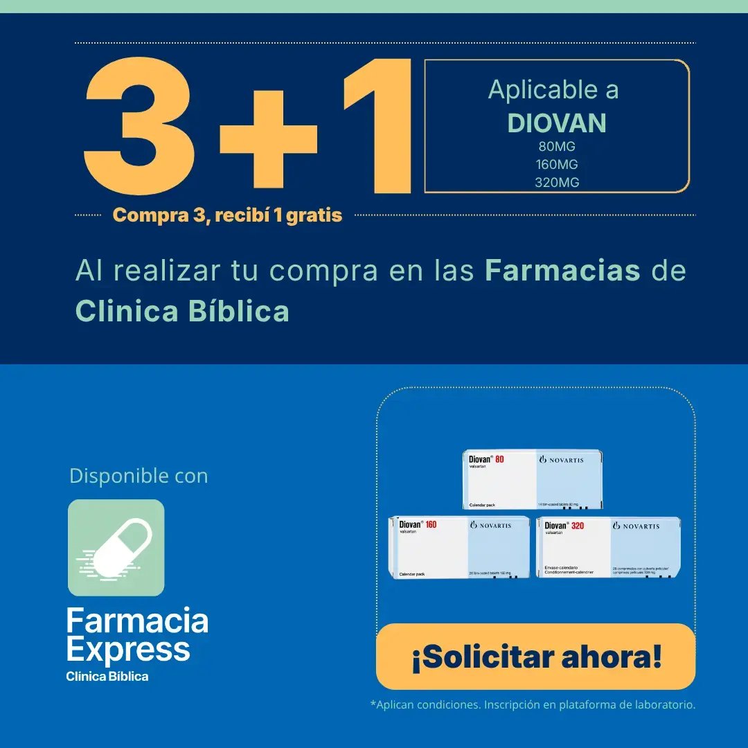 Imagen promocional con oferta 3+1 en Diovan de 80 mg, 160 mg y 320 mg (valsartán) en Farmacias de Clínica Bíblica y Farmacia Express, mostrando las cajas del medicamento.