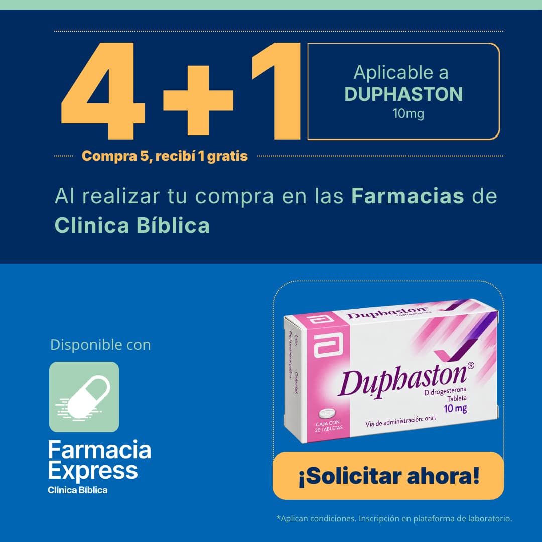 Promoción 4+1 en Duphaston 10mg Didrogesterona en Farmacias de Clínica Bíblica. Muestra la caja del medicamento de 20 tabletas y opción para solicitar en línea a través de Farmacia Express.