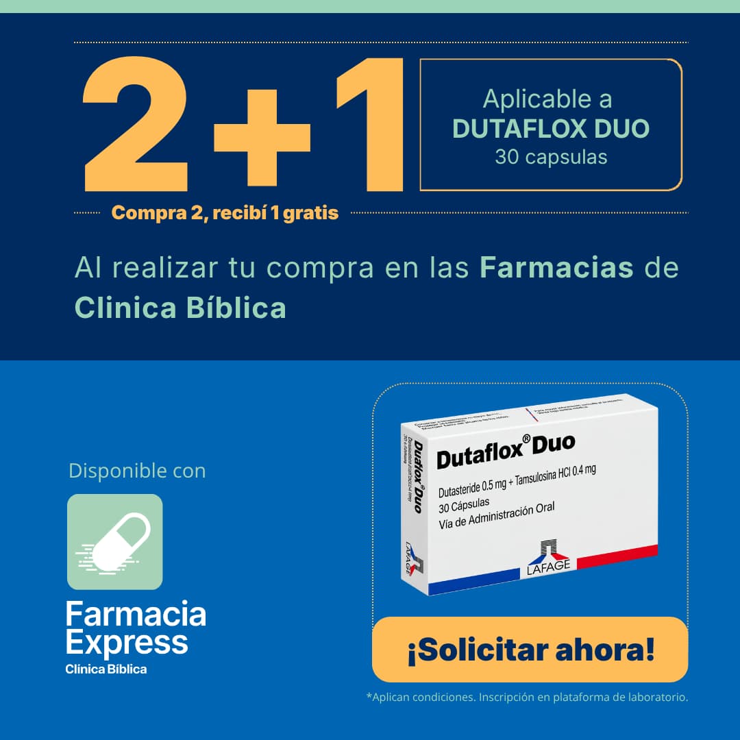 Banner promocional de Farmacias Clínica Bíblica con la oferta 2+1 en la compra de Dutaflox Duo de 30 cápsulas. Muestra la caja del producto con Dutasteride y Tamsulosina, con opción de envío por Farmacia Express y un botón de ¡Solicitar ahora!.