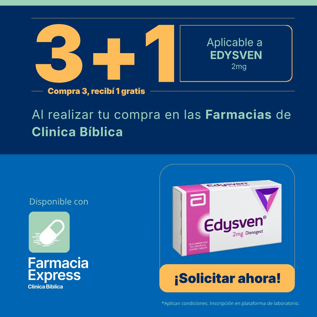 Promoción 3+1 en Edysven 2mg Dienogest en Farmacias de Clínica Bíblica. Muestra la caja del medicamento de 28 comprimidos y opción para solicitar en línea a través de Farmacia Express.