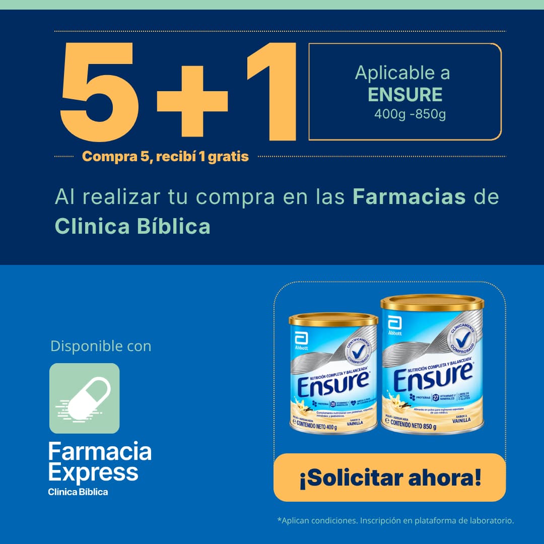 Promoción 5+1 en Ensure de 400g y 850g en Farmacias de Clínica Bíblica. Muestra las latas de Ensure sabor a vainilla y opción para solicitar en línea a través de Farmacia Express.