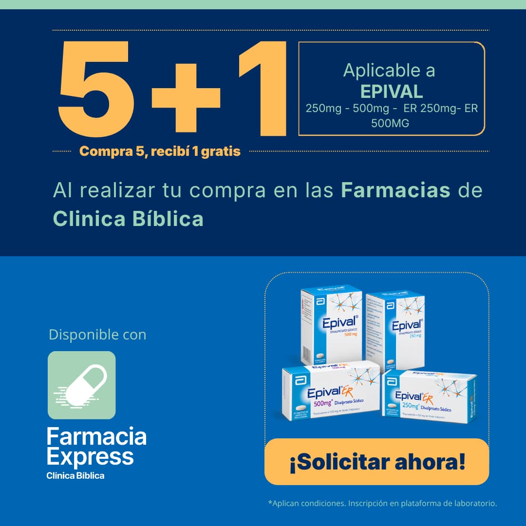 Promoción 5+1 en Epival de 250mg, 500mg, ER 250mg y ER 500mg en Farmacias de Clínica Bíblica. Muestra las cajas del medicamento Divalproato Sódico y opción para solicitar en línea a través de Farmacia Express.