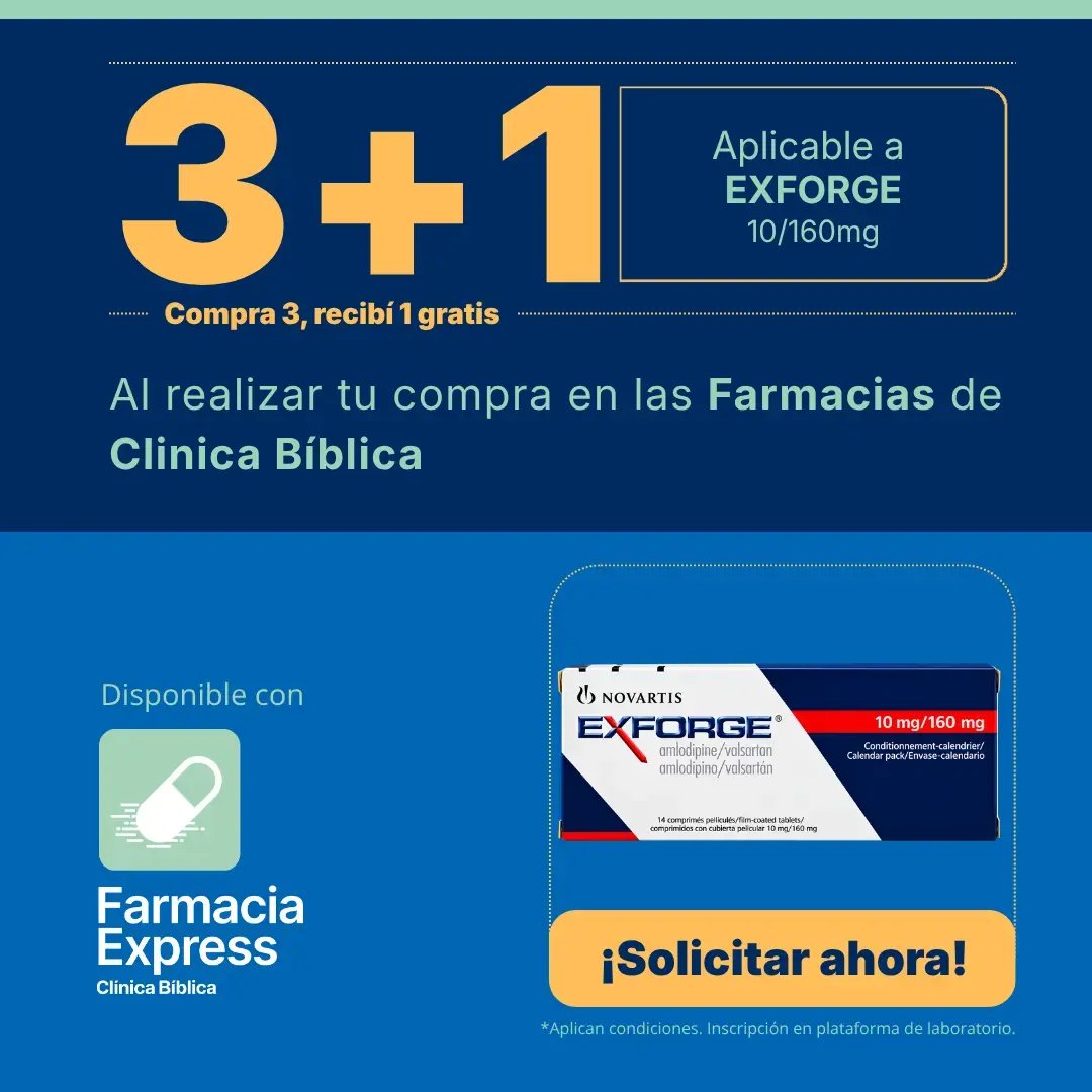 Imagen promocional con oferta 3+1 en Exforge de 10/160 mg (amlodipino/valsartán) en Farmacias de Clínica Bíblica y Farmacia Express, mostrando la caja de 14 comprimidos del medicamento.
