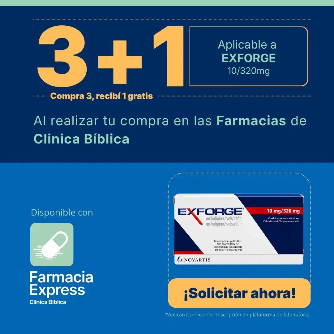 Imagen promocional con oferta 3+1 en Exforge de 10/320 mg (amlodipino/valsartán) en Farmacias de Clínica Bíblica y Farmacia Express, mostrando la caja de 14 comprimidos del medicamento.