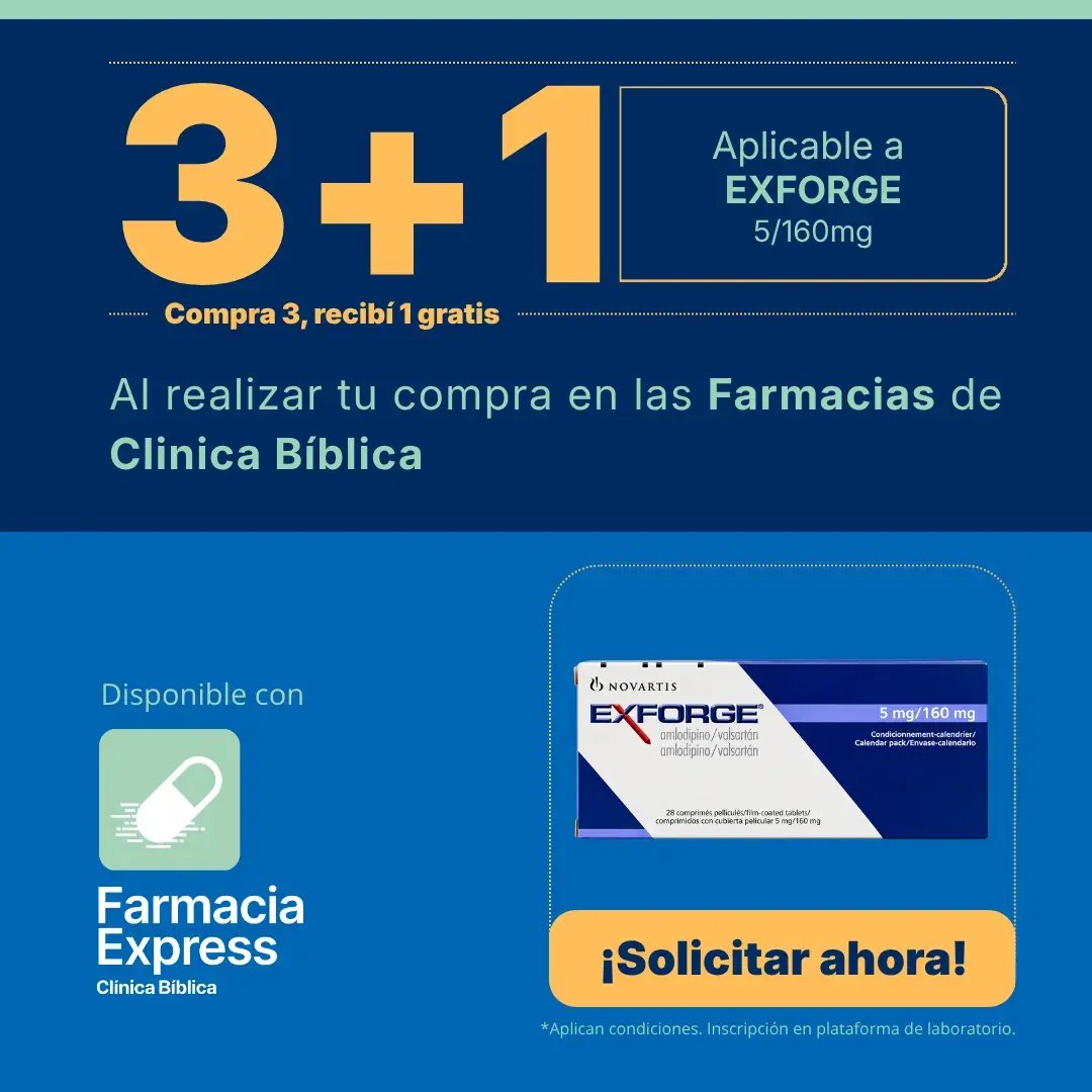 Imagen promocional con oferta 3+1 en Exforge de 5/160 mg (amlodipino/valsartán) en Farmacias de Clínica Bíblica y Farmacia Express, mostrando la caja de 28 comprimidos del medicamento.