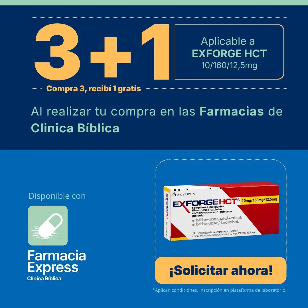 Imagen promocional con oferta 3+1 en Exforge HCT de 10/160/12.5 mg (amlodipino/valsartán/hidroclorotiazida) en Farmacias de Clínica Bíblica y Farmacia Express, mostrando la caja de 28 comprimidos del medicamento.