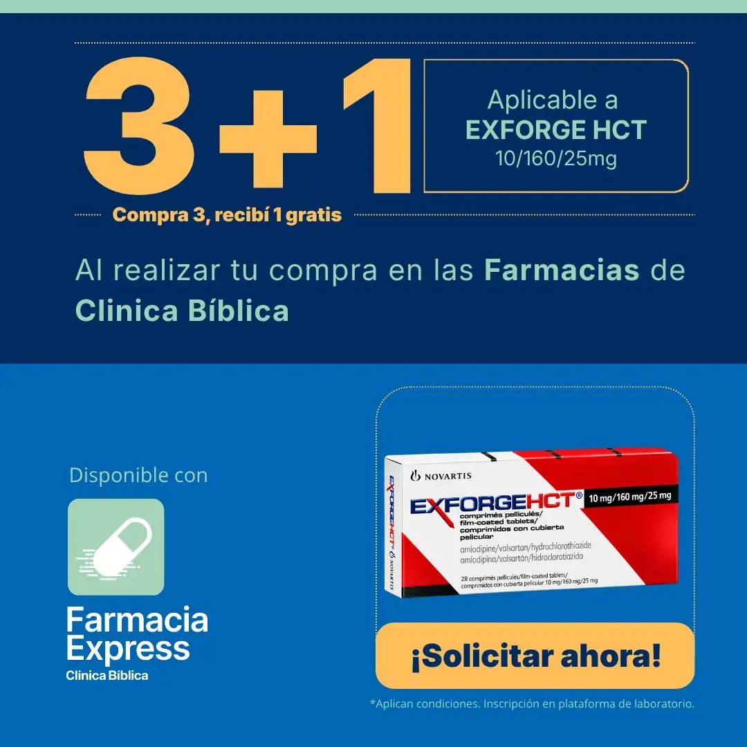Imagen promocional con oferta 3+1 en Exforge HCT de 10/160/25 mg (amlodipino/valsartán/hidroclorotiazida) en Farmacias de Clínica Bíblica y Farmacia Express, mostrando la caja de 28 comprimidos del medicamento.