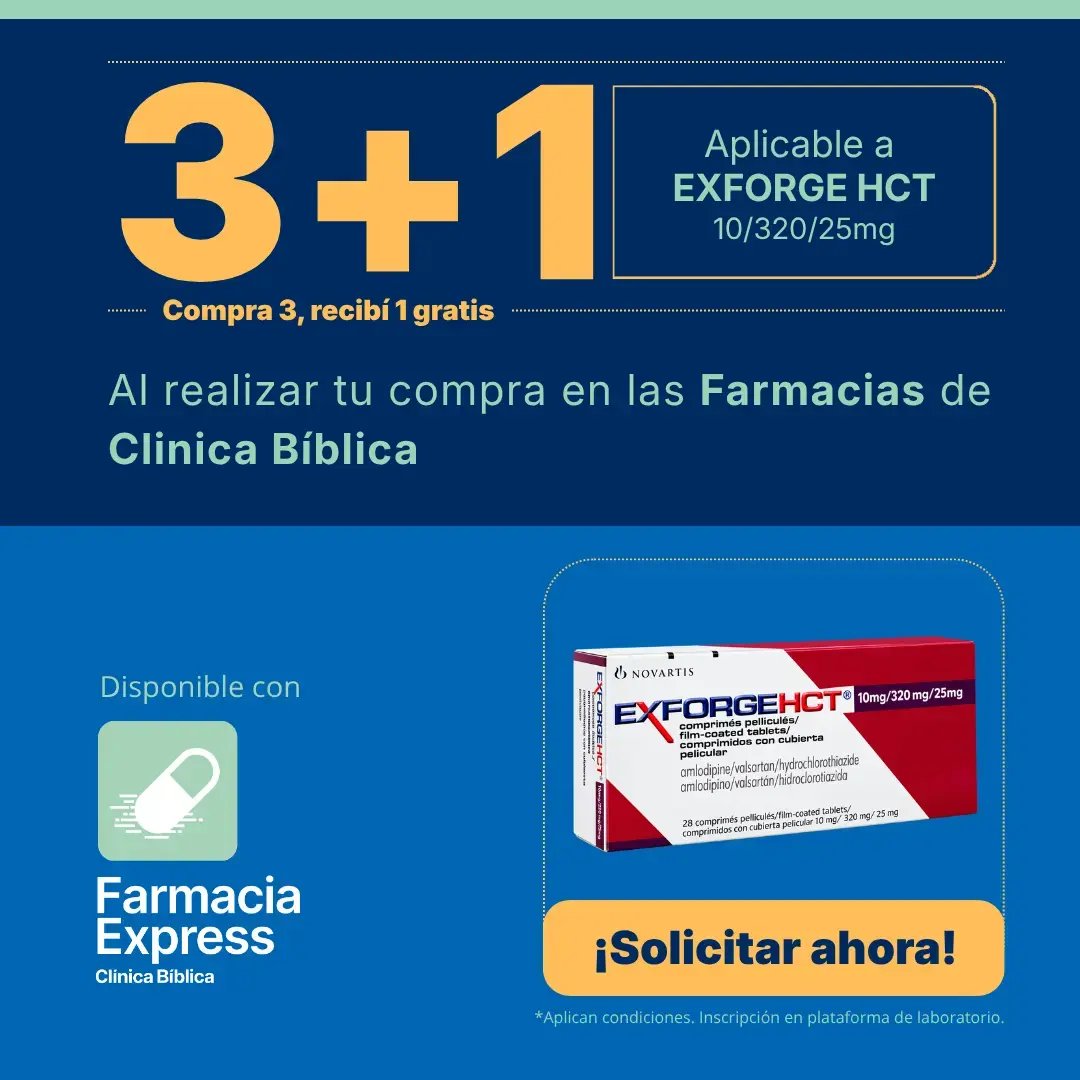 Imagen promocional con oferta 3+1 en Exforge HCT de 10/320/25 mg (amlodipino/valsartán/hidroclorotiazida) en Farmacias de Clínica Bíblica y Farmacia Express, mostrando la caja de 28 comprimidos del medicamento.