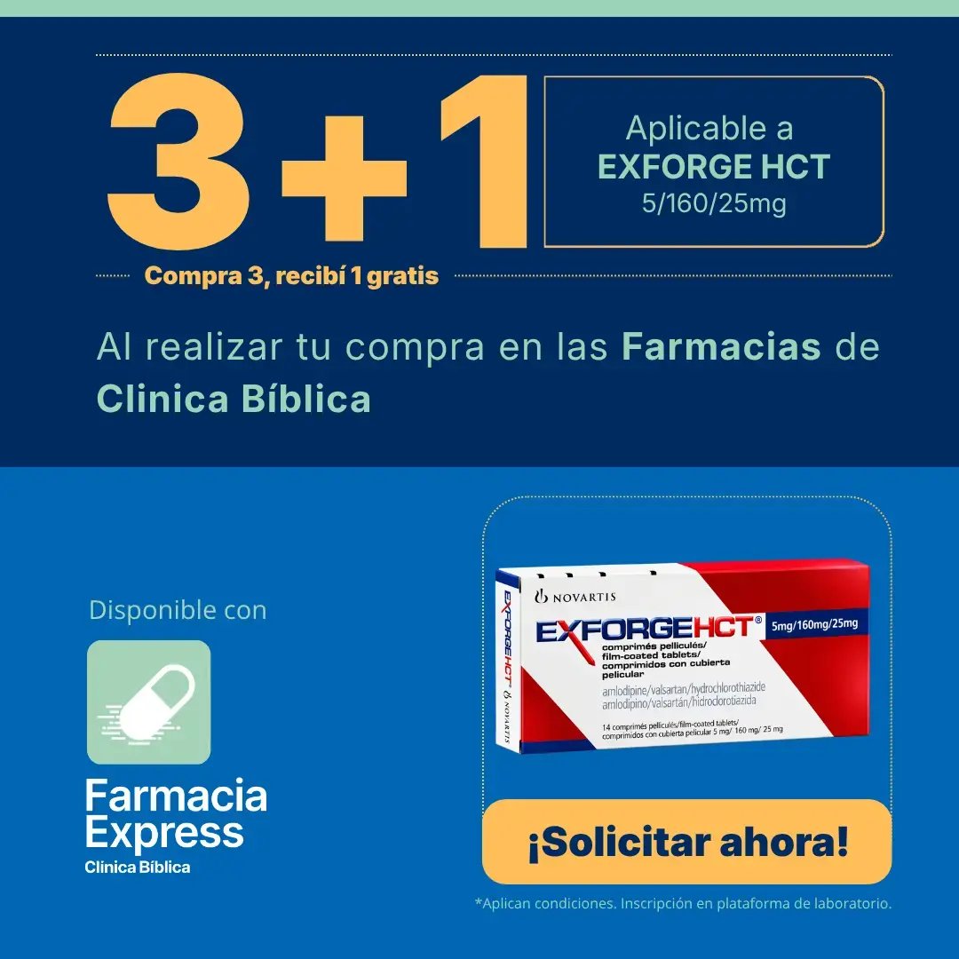 Imagen promocional con oferta 3+1 en Exforge HCT de 5/160/25 mg (amlodipino/valsartán/hidroclorotiazida) en Farmacias de Clínica Bíblica y Farmacia Express, mostrando la caja de 14 comprimidos del medicamento.