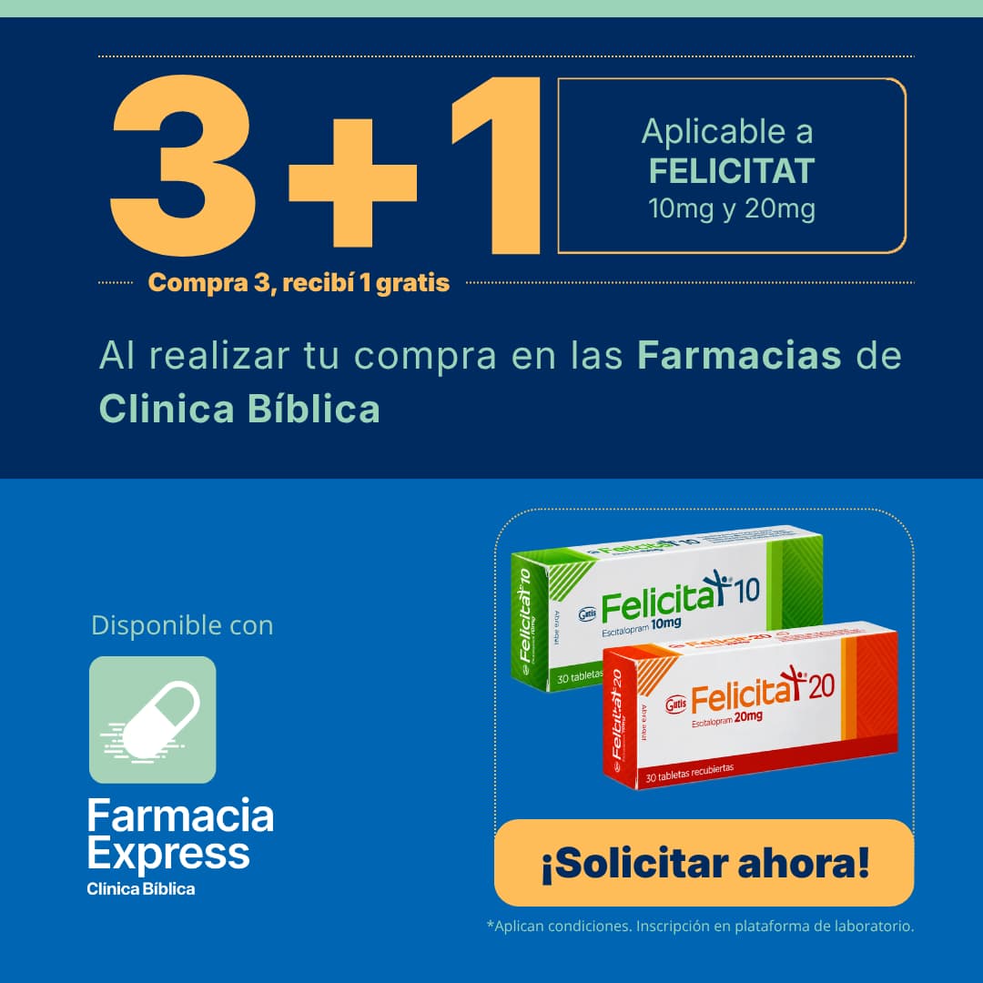 Imagen promocional con oferta 3+1 en Felicitat de 10 mg y 20 mg (escitalopram) en Farmacias de Clínica Bíblica y Farmacia Express, mostrando las cajas del medicamento de laboratorio Guttis.