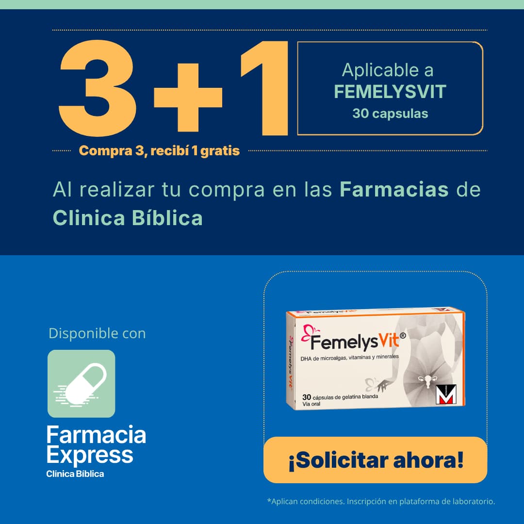 Promoción FemelysVit de 30 cápsulas: compra 3 y recibe 1 gratis en Farmacias de Clínica Bíblica