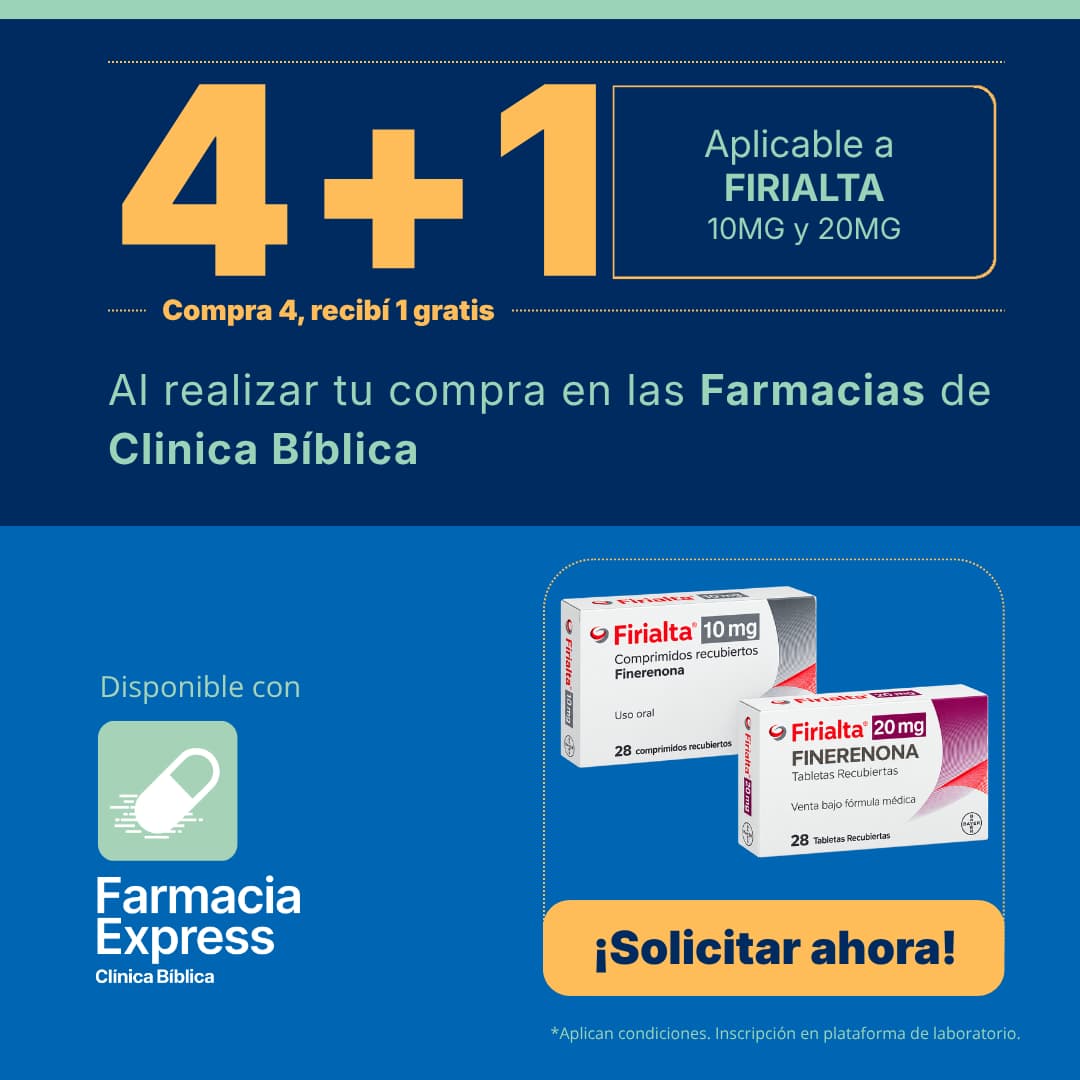 Imagen promocional con oferta 4+1 en Firialta de 10 mg y 20 mg (finerenona) en Farmacias de Clínica Bíblica y Farmacia Express, mostrando las cajas del medicamento de laboratorio Bayer.
