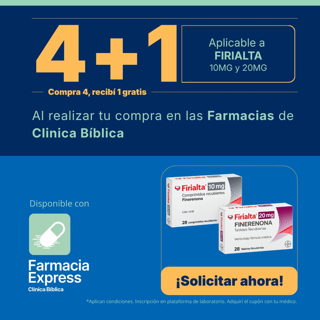 Banner promocional de Farmacias Clínica Bíblica con la oferta 4+1 gratis en la compra de medicamento Firialta de 10mg y 20mg (Finerenona). Muestra las cajas del producto y opción de entrega por Farmacia Express con botón ¡Solicitar ahora!.
