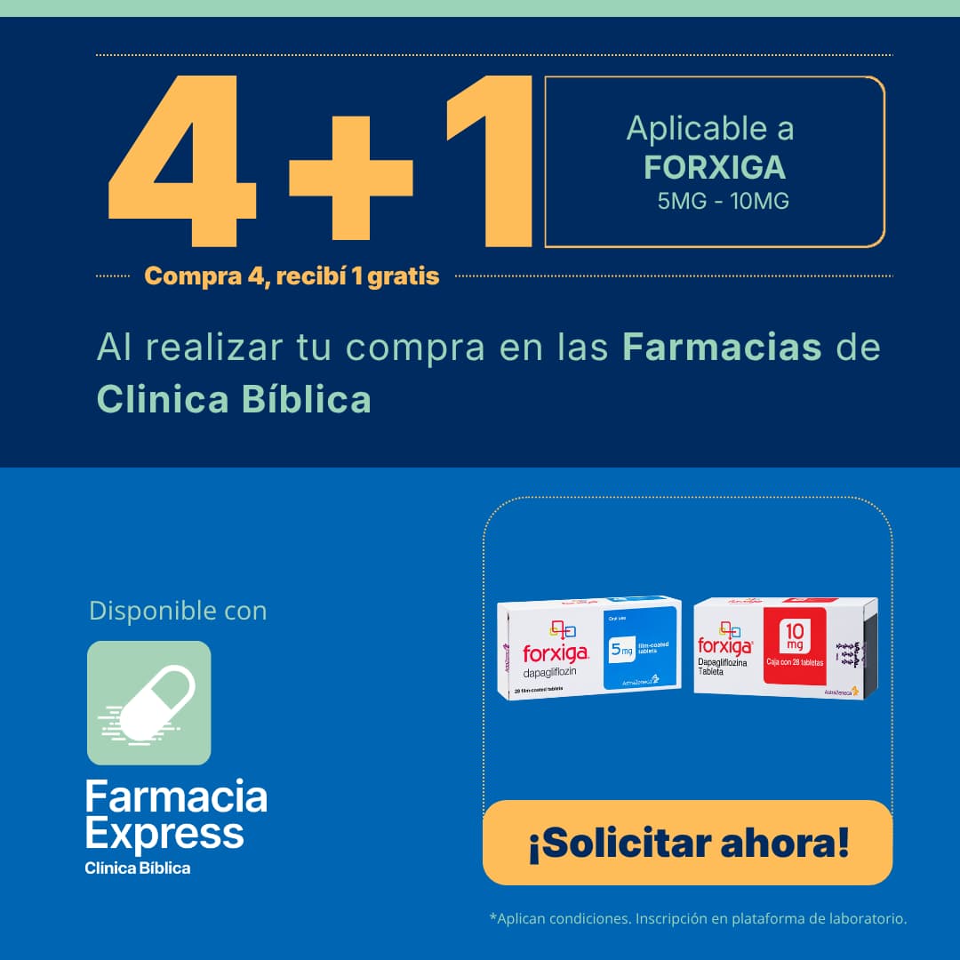 Imagen promocional con oferta 4+1 en Forxiga de 5 mg y 10 mg (dapagliflozina) en Farmacias de Clínica Bíblica y Farmacia Express, mostrando las cajas del medicamento de laboratorio AstraZeneca.