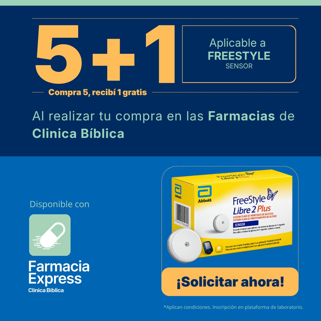Promoción 5+1 en el sensor FreeStyle Libre 2 Plus de Abbott en Farmacias de Clínica Bíblica. Muestra la caja y el sensor de monitoreo de glucosa con opción para solicitar en línea a través de Farmacia Express.