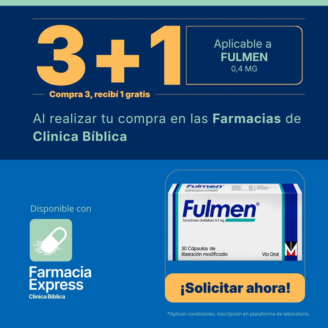 Promoción Fulmen 0,4 mg de 30 cápsulas de liberación modificada: compra 3 y recibe 1 gratis en Farmacias de Clínica Bíblica