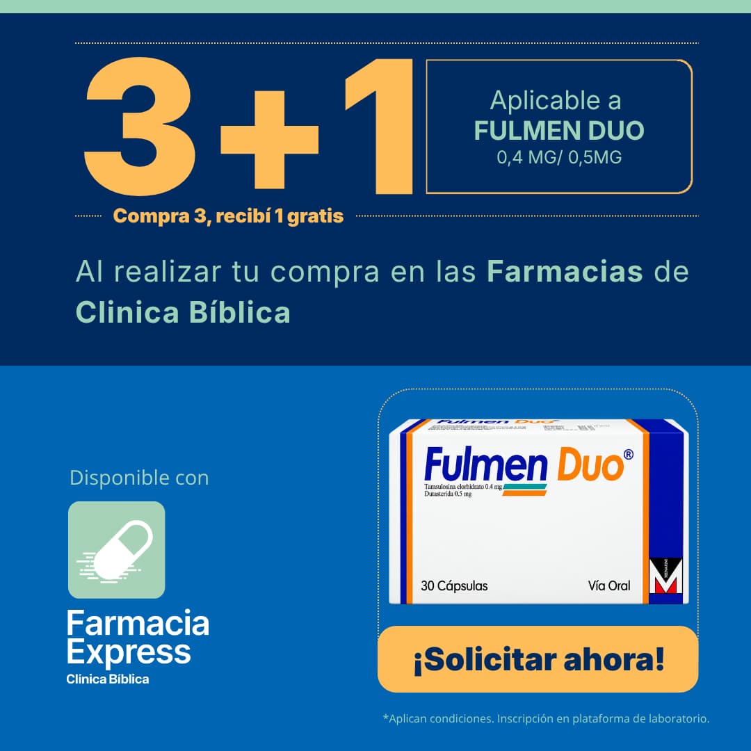 Promoción Fulmen Duo 0,4 mg/0,5 mg de 30 cápsulas: compra 3 y recibe 1 gratis en Farmacias de Clínica Bíblica