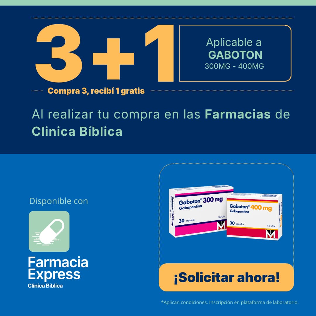 Imagen promocional con oferta 3+1 en Gaboton de 300 mg y 400 mg (gabapentina) en Farmacias de Clínica Bíblica y Farmacia Express, mostrando las cajas de 30 cápsulas del medicamento.
