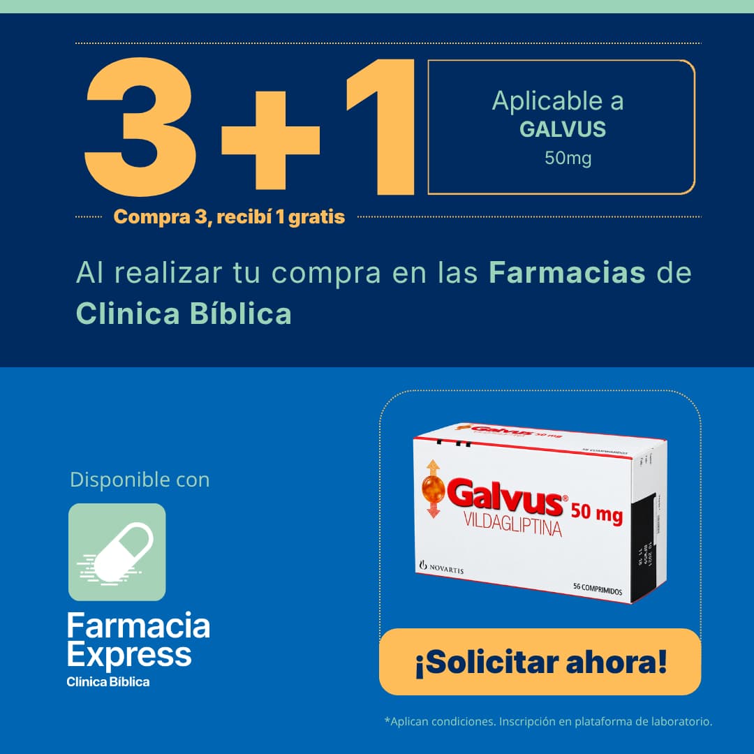 Imagen promocional con oferta 3+1 en Galvus de 50 mg (vildagliptina) en Farmacias de Clínica Bíblica y Farmacia Express, mostrando la caja de 56 comprimidos del medicamento.