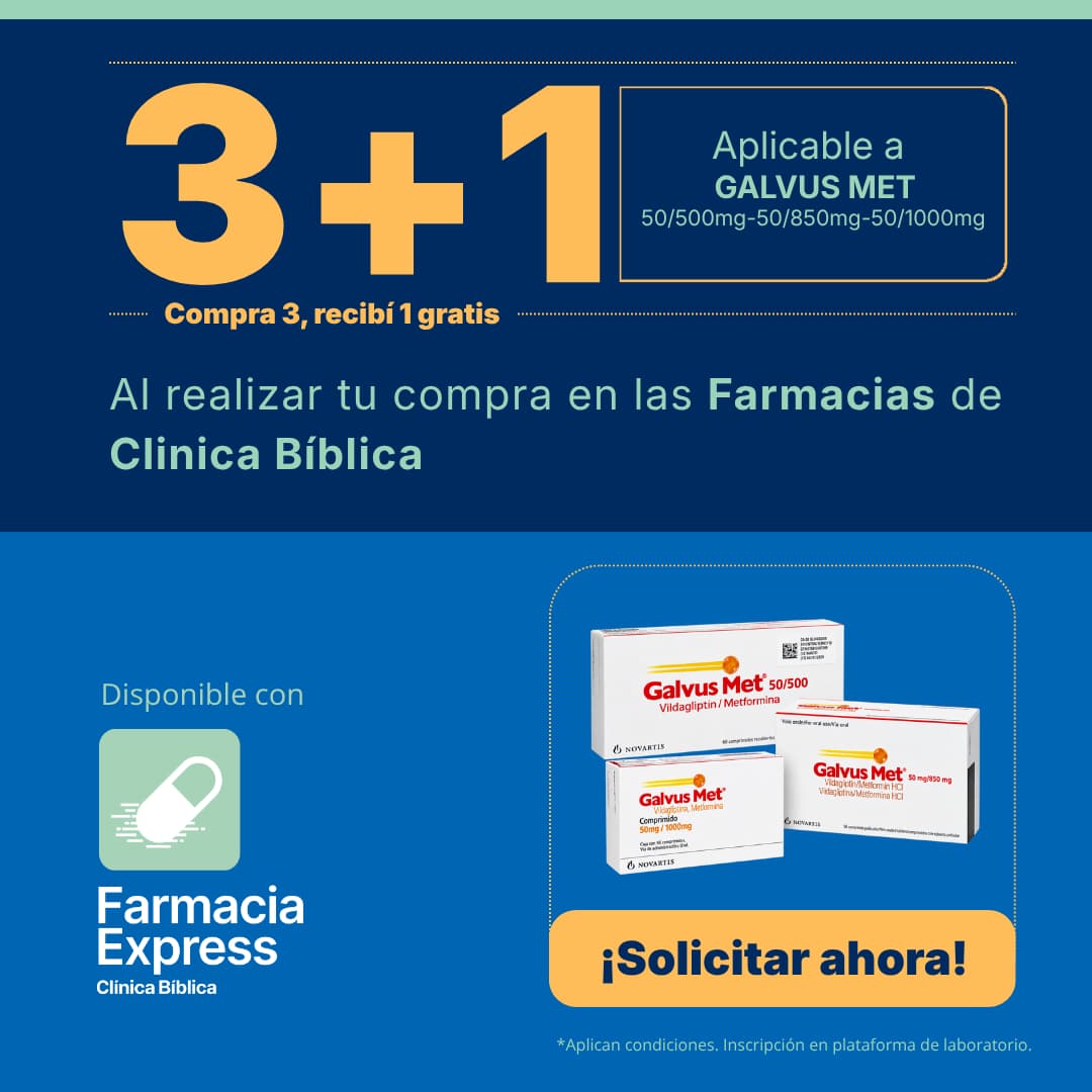 Imagen promocional con oferta 3+1 en Galvus Met de 50/500 mg, 50/850 mg y 50/1000 mg (vildagliptina/metformina) en Farmacias de Clínica Bíblica y Farmacia Express, mostrando las cajas del medicamento.