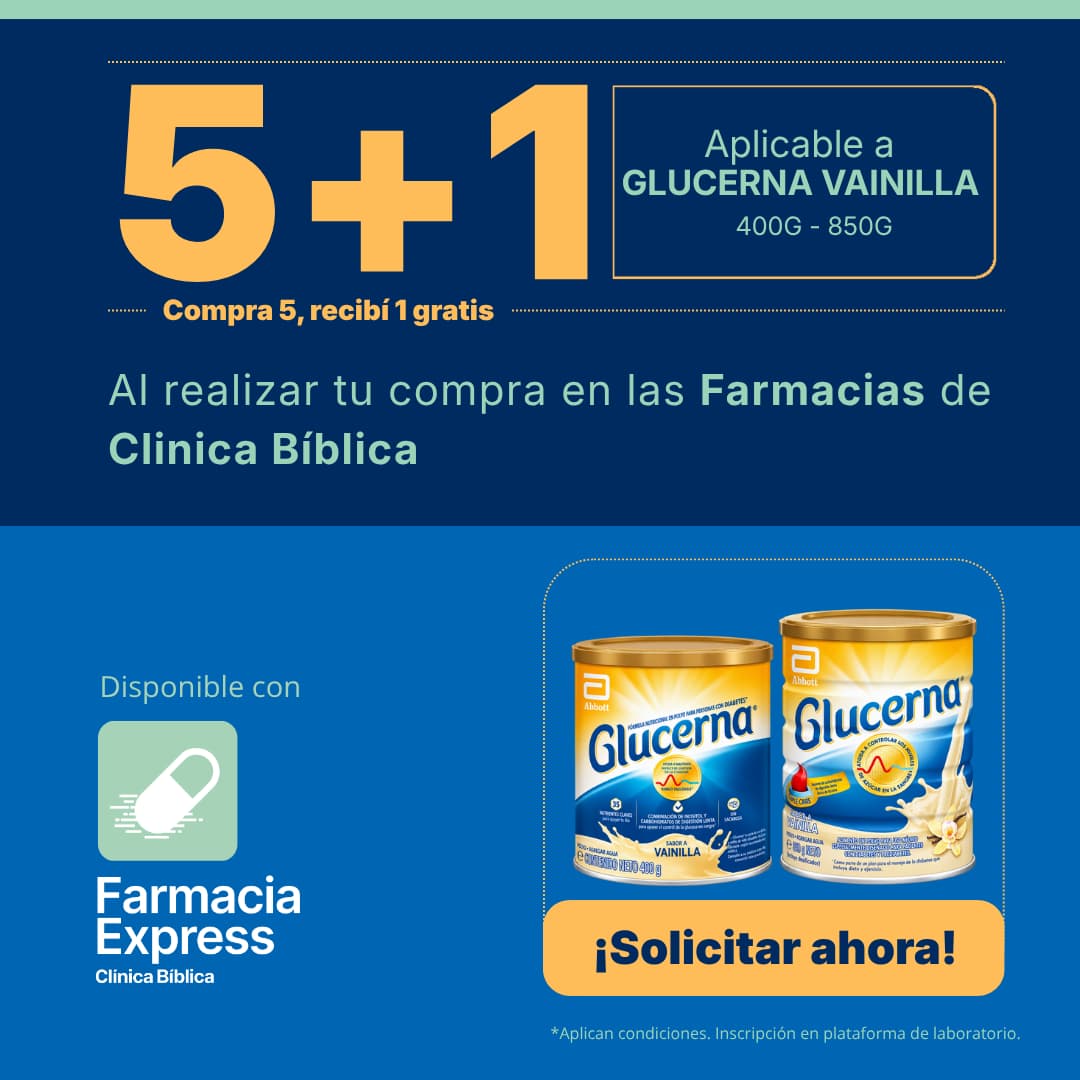Promoción 5+1 en Glucerna Vainilla de 400g y 850g en Farmacias de Clínica Bíblica. Muestra las latas de Glucerna sabor a vainilla y opción para solicitar en línea a través de Farmacia Express.