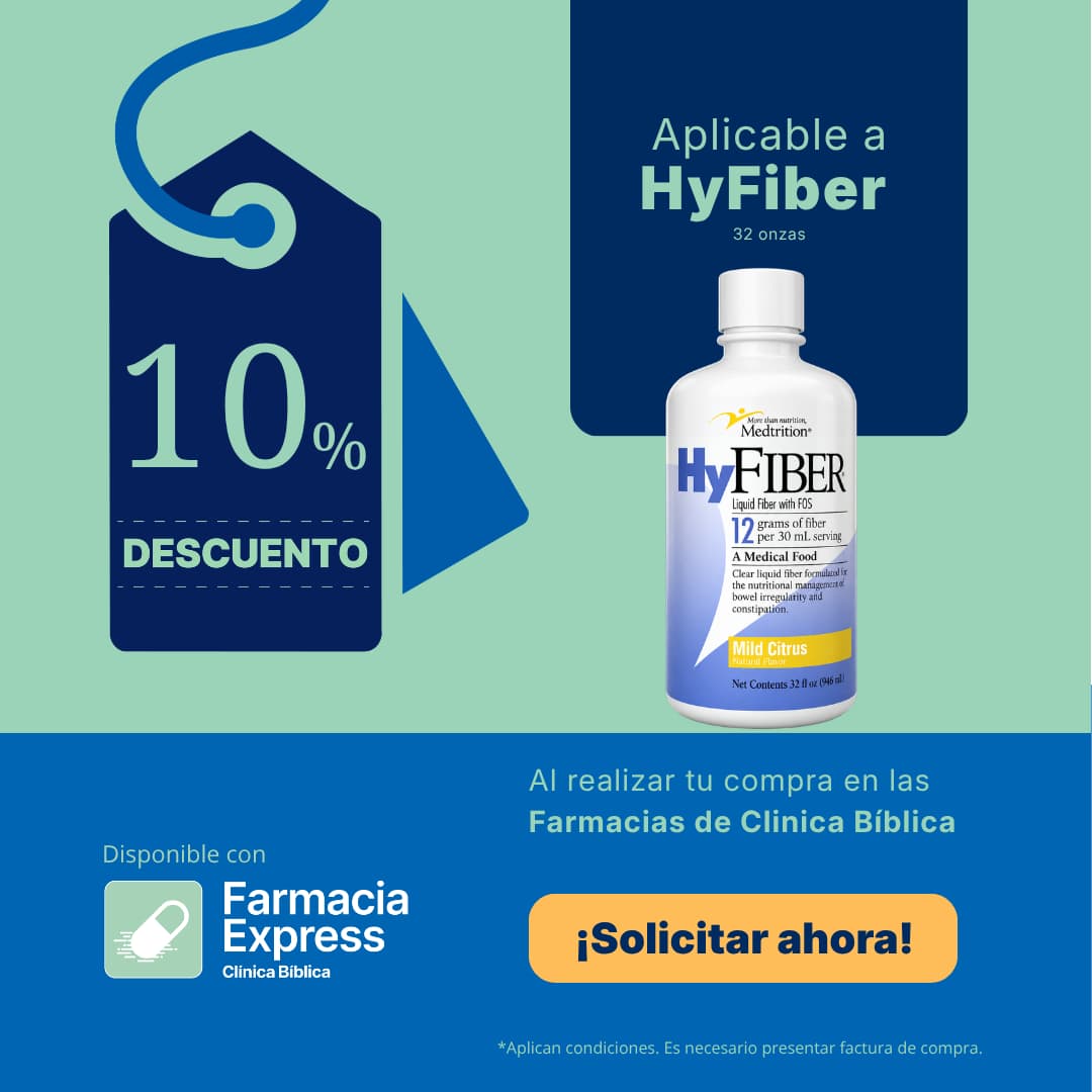 Promoción de 10% de descuento en HyFiber de 32 onzas en Farmacias de Clínica Bíblica. Muestra el frasco de fibra líquida Medtrition sabor a cítricos suaves y opción para solicitar en línea a través de Farmacia Express.