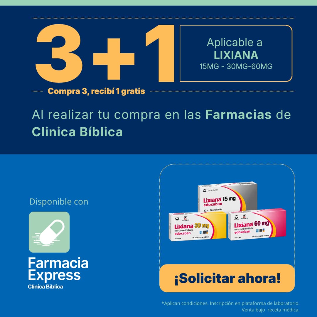Imagen promocional con oferta 3+1 en Lixiana de 15 mg, 30 mg y 60 mg (edoxaban) en Farmacias de Clínica Bíblica y Farmacia Express, mostrando las cajas del medicamento.