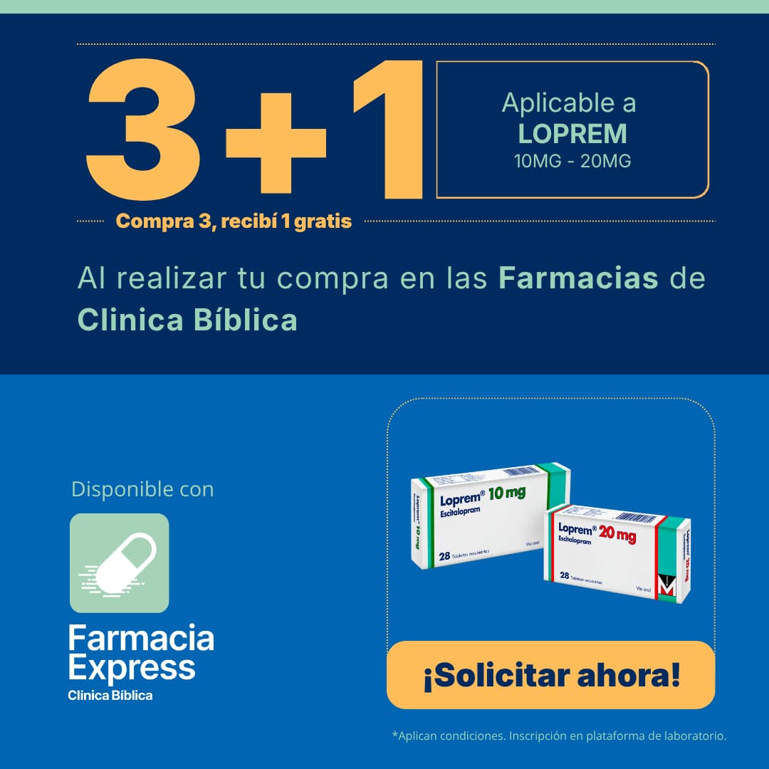 Imagen promocional con oferta 3+1 en Loprem de 10 mg y 20 mg (escitalopram) en Farmacias de Clínica Bíblica y Farmacia Express, mostrando las cajas de 28 tabletas recubiertas del medicamento.