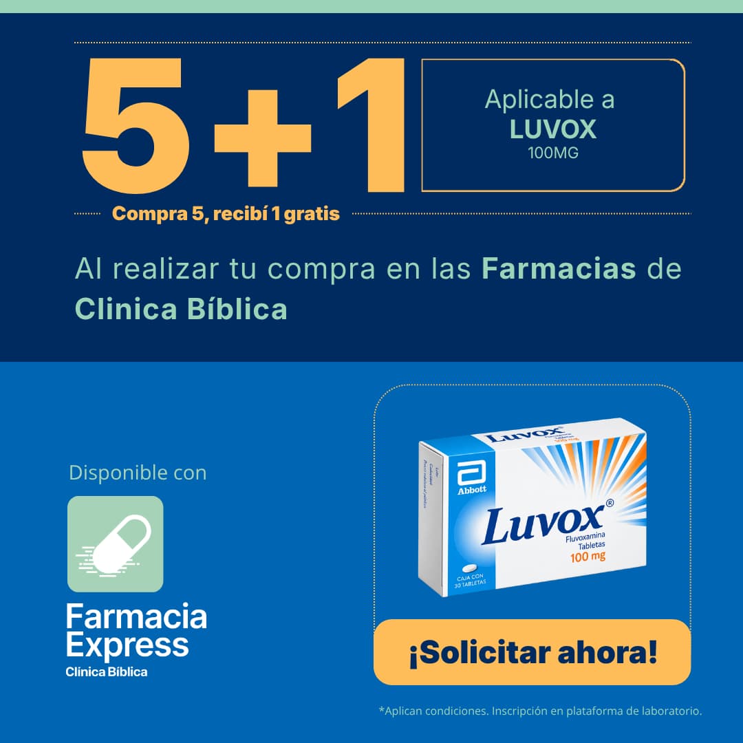 Promoción 5+1 en Luvox 100mg Fluvoxamina en Farmacias de Clínica Bíblica. Muestra la caja del medicamento de 30 tabletas y opción para solicitar en línea a través de Farmacia Express.