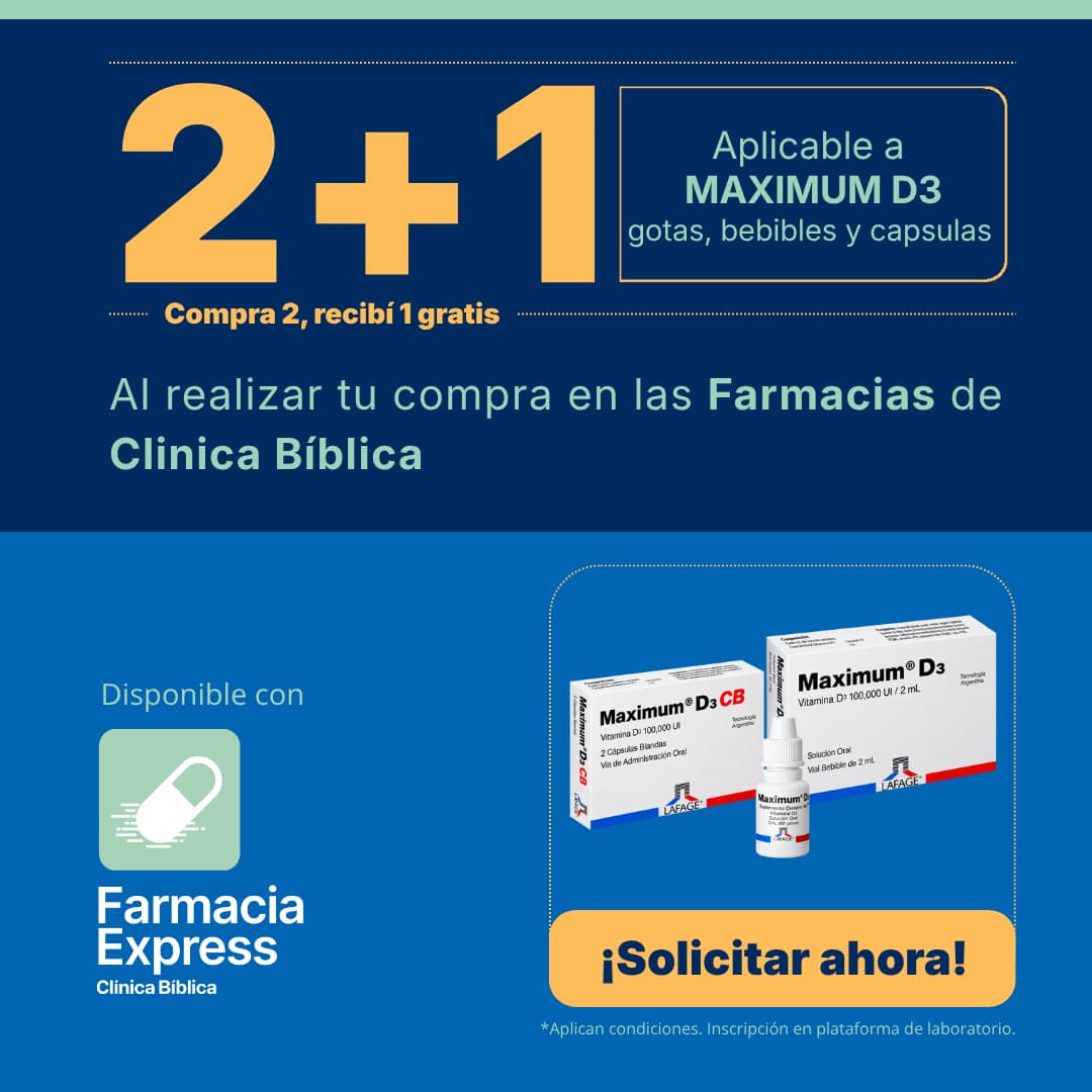 Imagen promocional con oferta 2+1 en Maximum D3 gotas, bebibles y cápsulas en Farmacias de Clínica Bíblica y Farmacia Express, mostrando empaques de vitamina D3 de laboratorio Lafage.