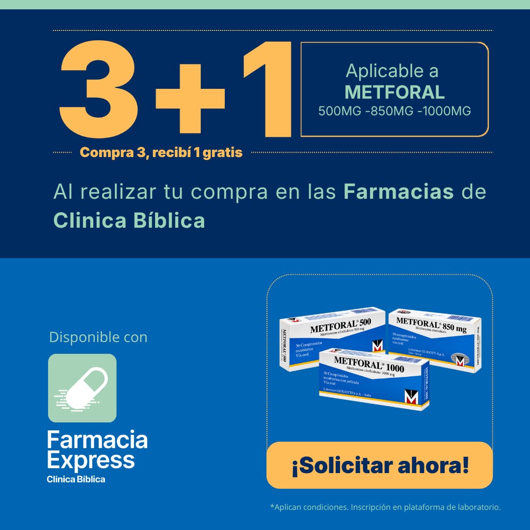 Imagen promocional con oferta 3+1 en Metforal de 500 mg, 850 mg y 1000 mg (metformina clorhidrato) en Farmacias de Clínica Bíblica y Farmacia Express, mostrando las cajas del medicamento.[cite: 20]