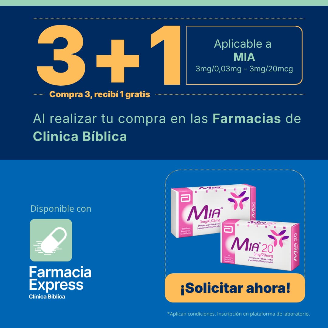 Promoción 3+1 en MIA de 3mg/0,03mg y 3mg/20mcg en Farmacias de Clínica Bíblica. Muestra las cajas del anticonceptivo Drospirenona y Etinilestradiol y opción para solicitar en línea a través de Farmacia Express.
