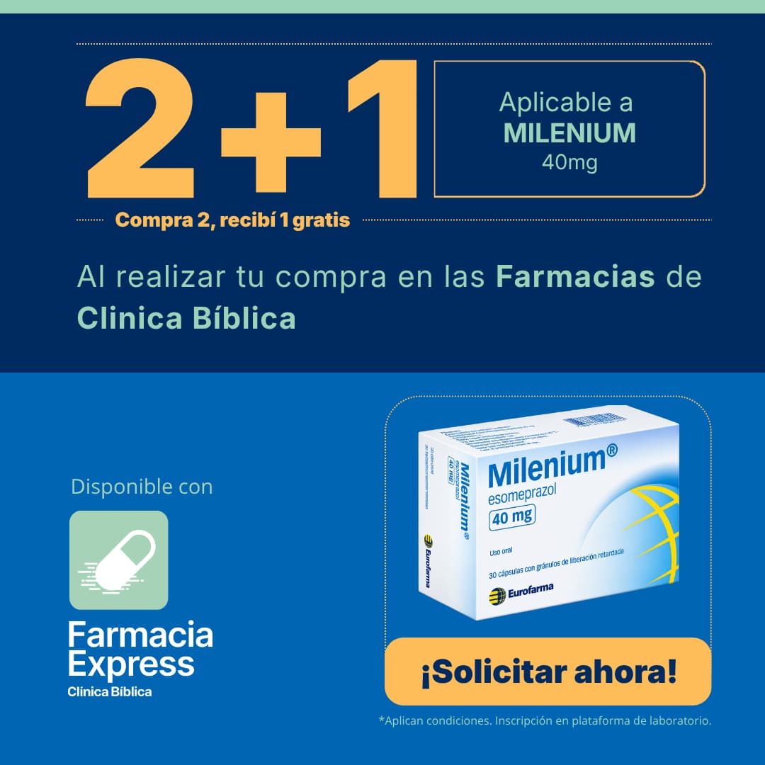 Anuncio promocional de Farmacia Express de Clínica Bíblica con oferta de 2+1 en medicamento Milenium (Milenio) de 40mg, junto a la caja del producto y un botón de Solicitar ahora.